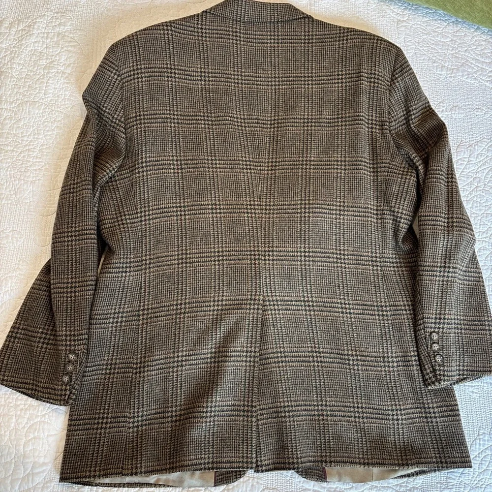 VTG Houndstooth Sport Coat Pure Wool Plaid 2 Button Brown Green‎ Preppy SZ 46L